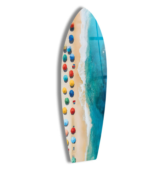Surfboard glass wall art colorful umbrellas and ocean waves with beach themed glass decor and surfboard wall art