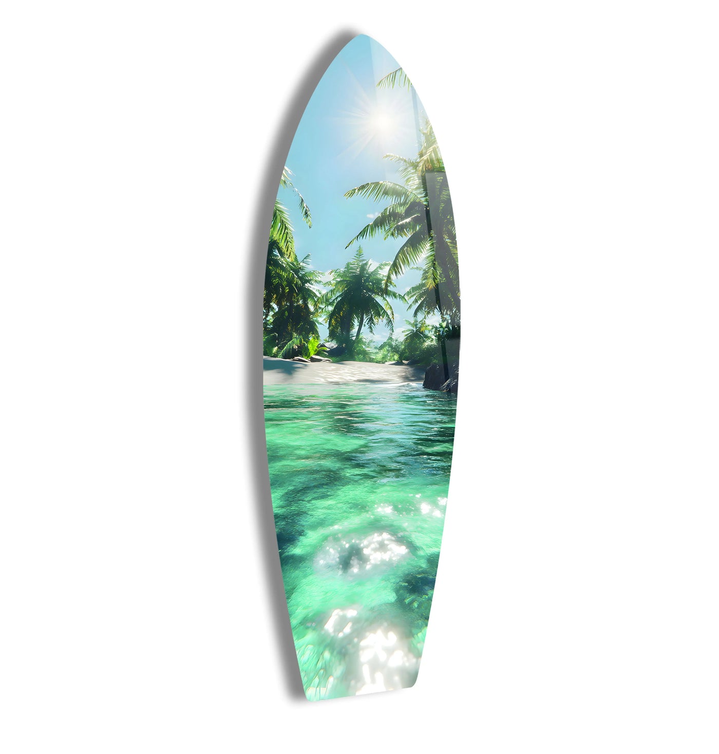 Vertical surfboard-shaped glass wall art decor featuring a tropical paradise scene with palm trees and crystal waters offers a unique, artistic wall decoration.