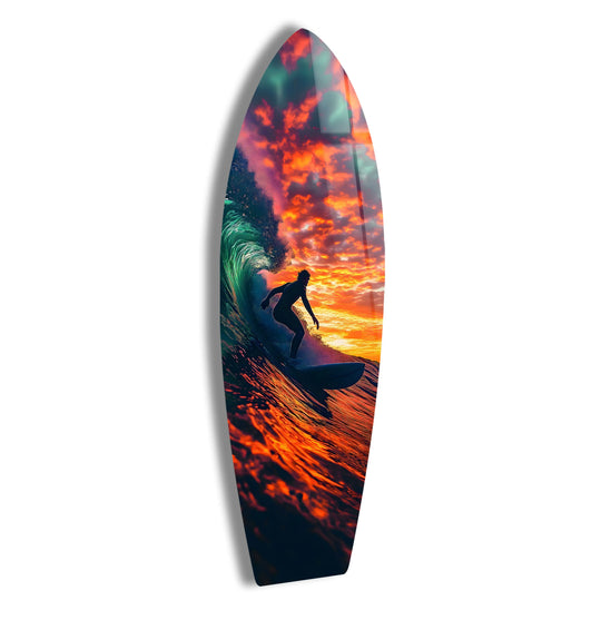 Featuring a glossy finish, this sunset surfing art is an example of the best glass art, dynamically capturing a wave and surfer silhouette.
