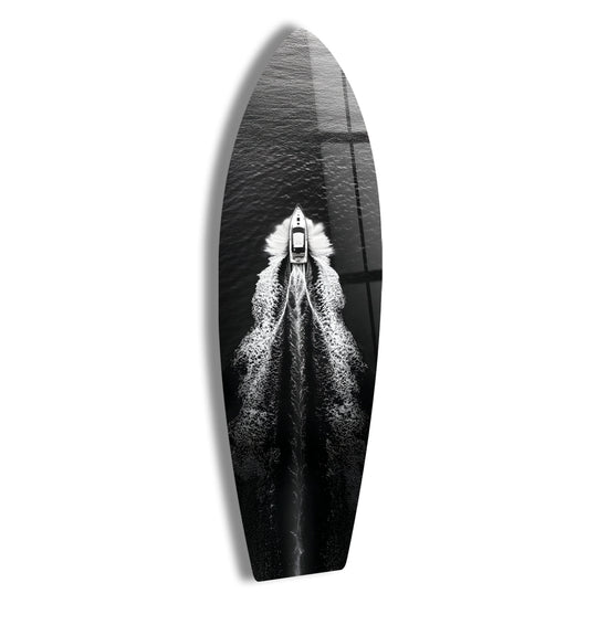 Showcasing the surfboard wall prints on tempered glass, this monochrome yacht art highlights the high-quality material used for a sleek and modern decor piece.