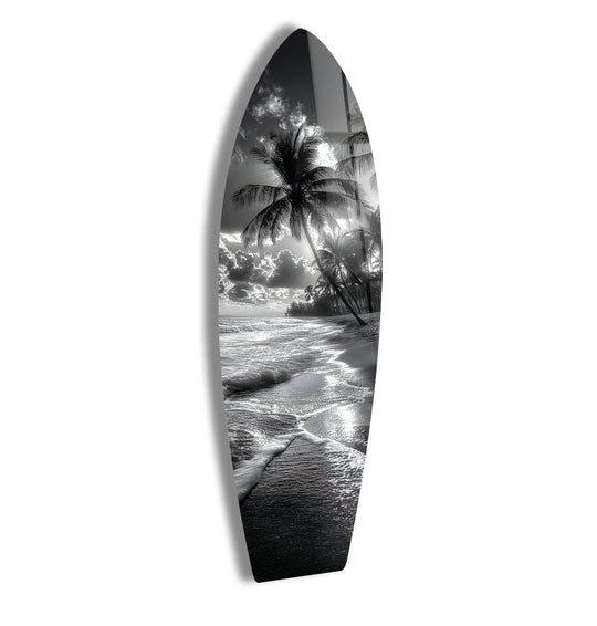SurfBoard showing a beach and palm trees wall art and black and white tropical scene is tempered glass beach decor