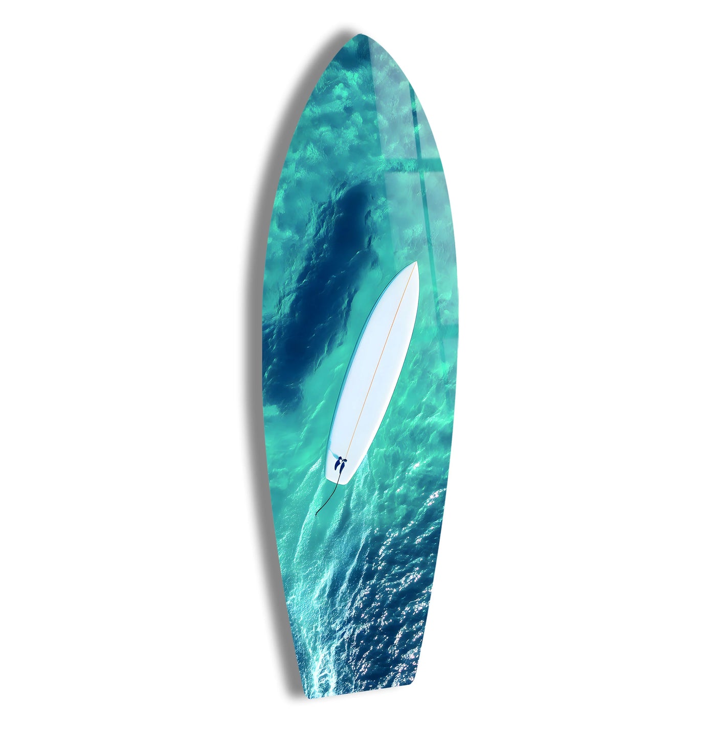 Showcasing the layering effect, clear glass print wall art captures a surfer atop tranquil turquoise waters, creating a mesmerizing ocean scene.