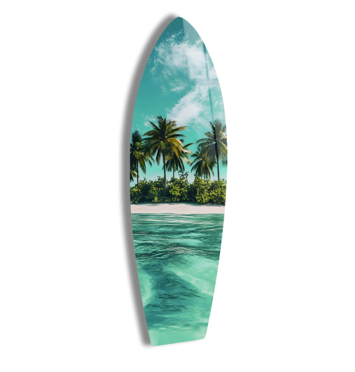Vertical surfboard-shaped print wall art showcasing a tropical paradise with palm trees and a pristine ocean view, capturing the essence of coastal tranquility.