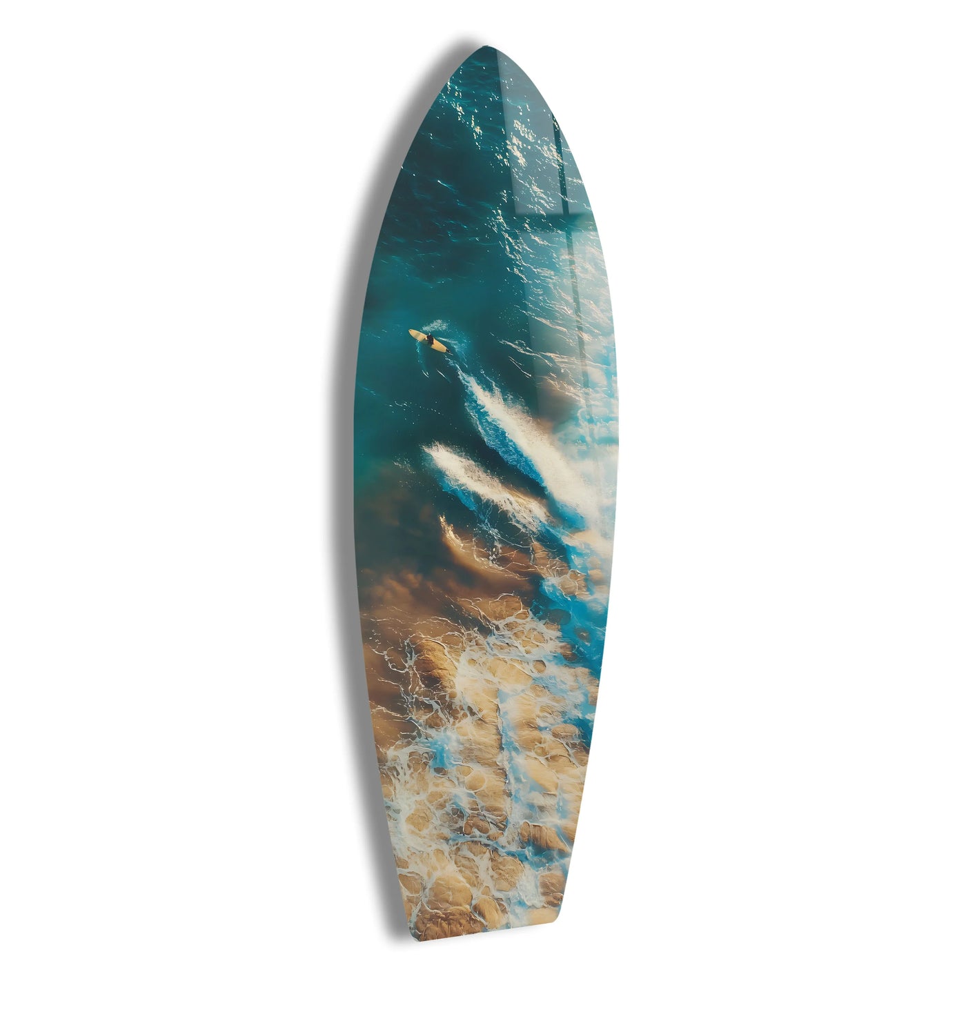 Crafted with meticulous detail, this surfing waves glass wall art showcases the best glass art and its high-quality, ocean-inspired aerial view.