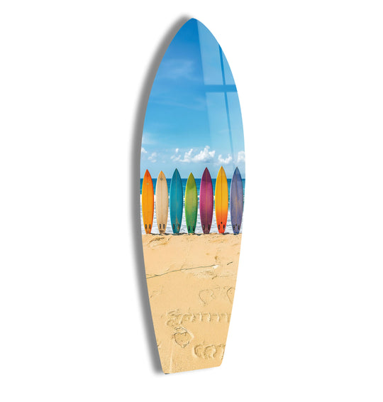 SurfBoard featuring colorful surfboards and high gloss finish is vibrant coastal wall art and tempered glass artwork for surfboard wall decor