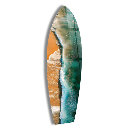 SurfBoard wall art glossy golden and teal wave and beach aerial plus coastal beach decor and surfboard decor