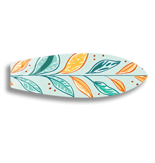 Organic forms shape the colored leaf surfboard glass art, capturing nature's vibrant foliage in a decorative glass art piece.