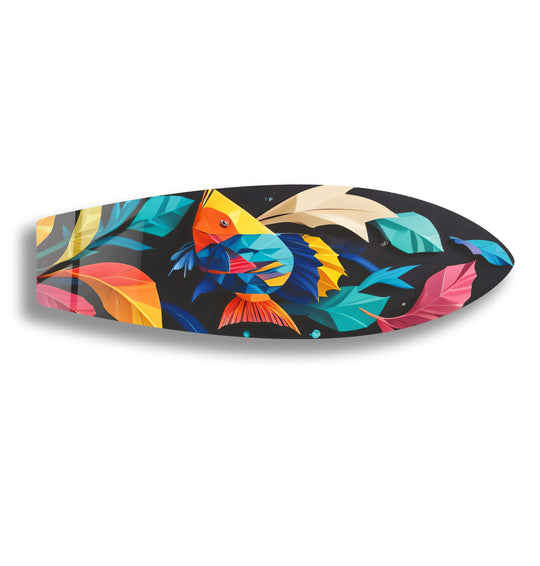 The vibrant stained fishes art panel captures a dynamic sense of movement with flowing fins and aquatic elements, presented as glass art.