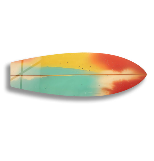A vibrant green and red abstract surfboard glass wall artwork displays realistic detail with subtle speckles and a shimmering surface.