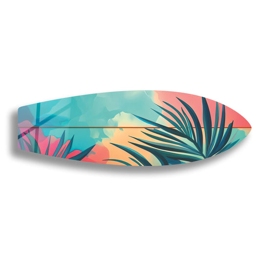 SurfBoard with tropical tree design and vibrant palms is surfboard wall art decor for coastal vibes and modern themes