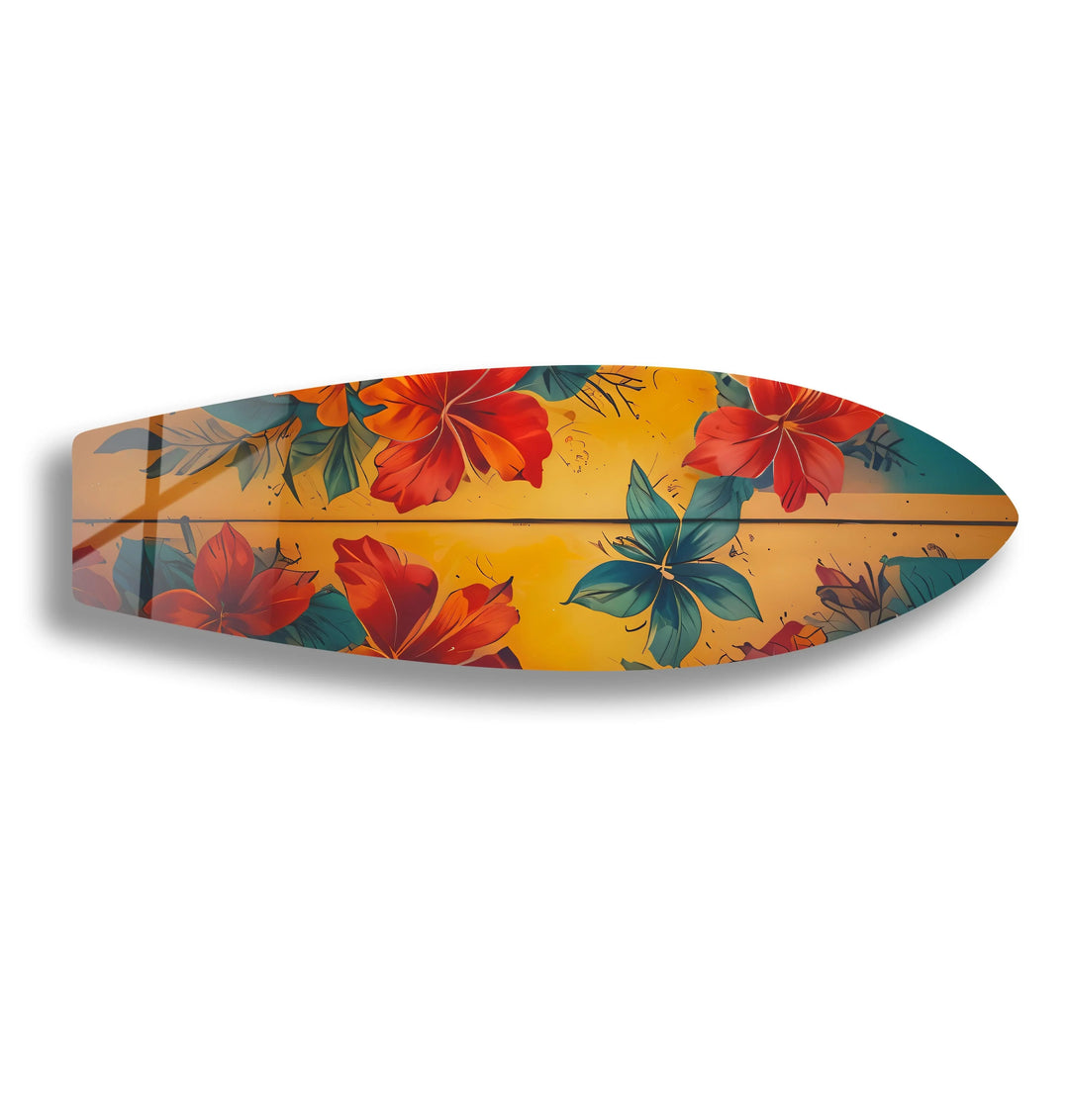 Showcasing vintage surfboard tempered glass wall art featuring colorful flowers and tropical leaves, adding a unique botanical touch to any space.