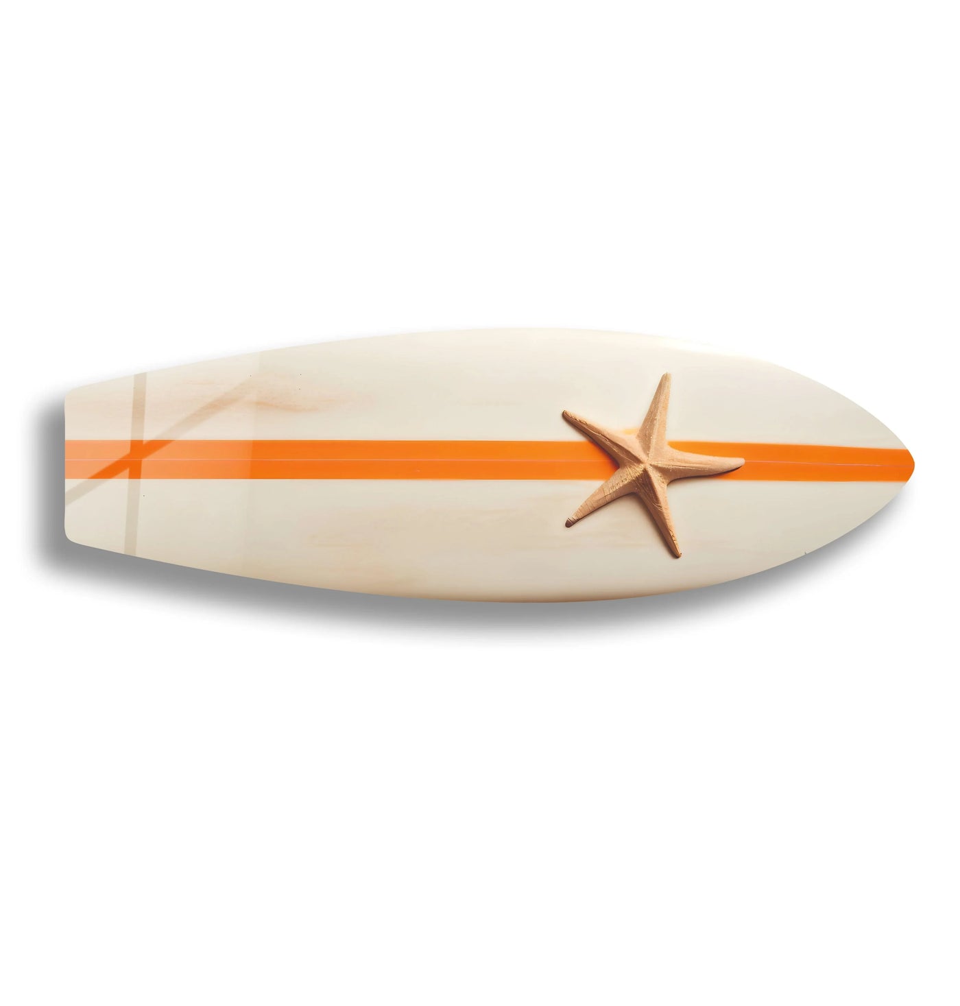 A beige and orange striped surfboard with a starfish displays visual rhythm as art from glass.