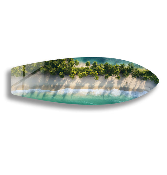 SurfBoard horizontal with lush palms and sandy beaches and tropical surfboard wall art is stunning beach decor plus tropical escape art