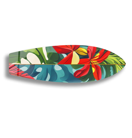 Highlighting the abstract quality, this vibrant surfboard art from glass showcases red flowers and tropical leaves in an artistic, contemporary design.