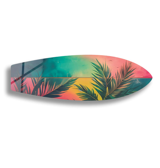 SurfBoard horizontal green palm leafs art and surfboard wall art plus tropical theme and unique ocean themed artwork