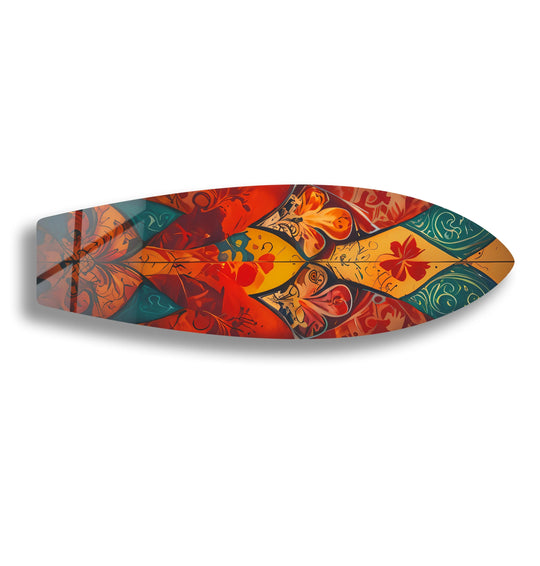 Warm hues dominate this colorful vintage flowers surfboard design, creating inviting glass wall art decor.