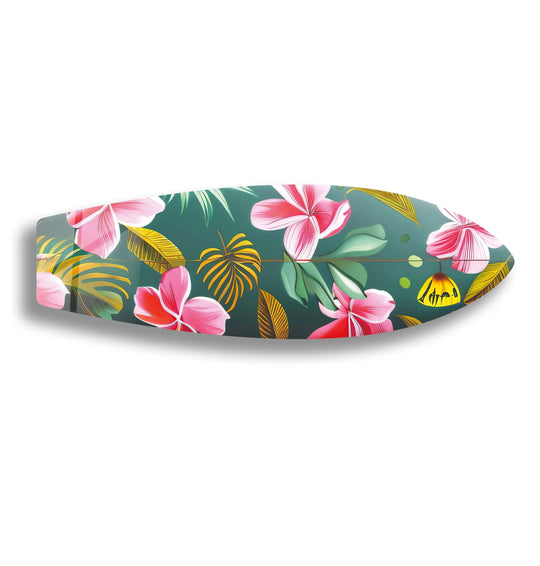 Deep view of the Colored Flowers Surfboard tempered glass art that creates depth and layers in this striking piece of tropical floral art.