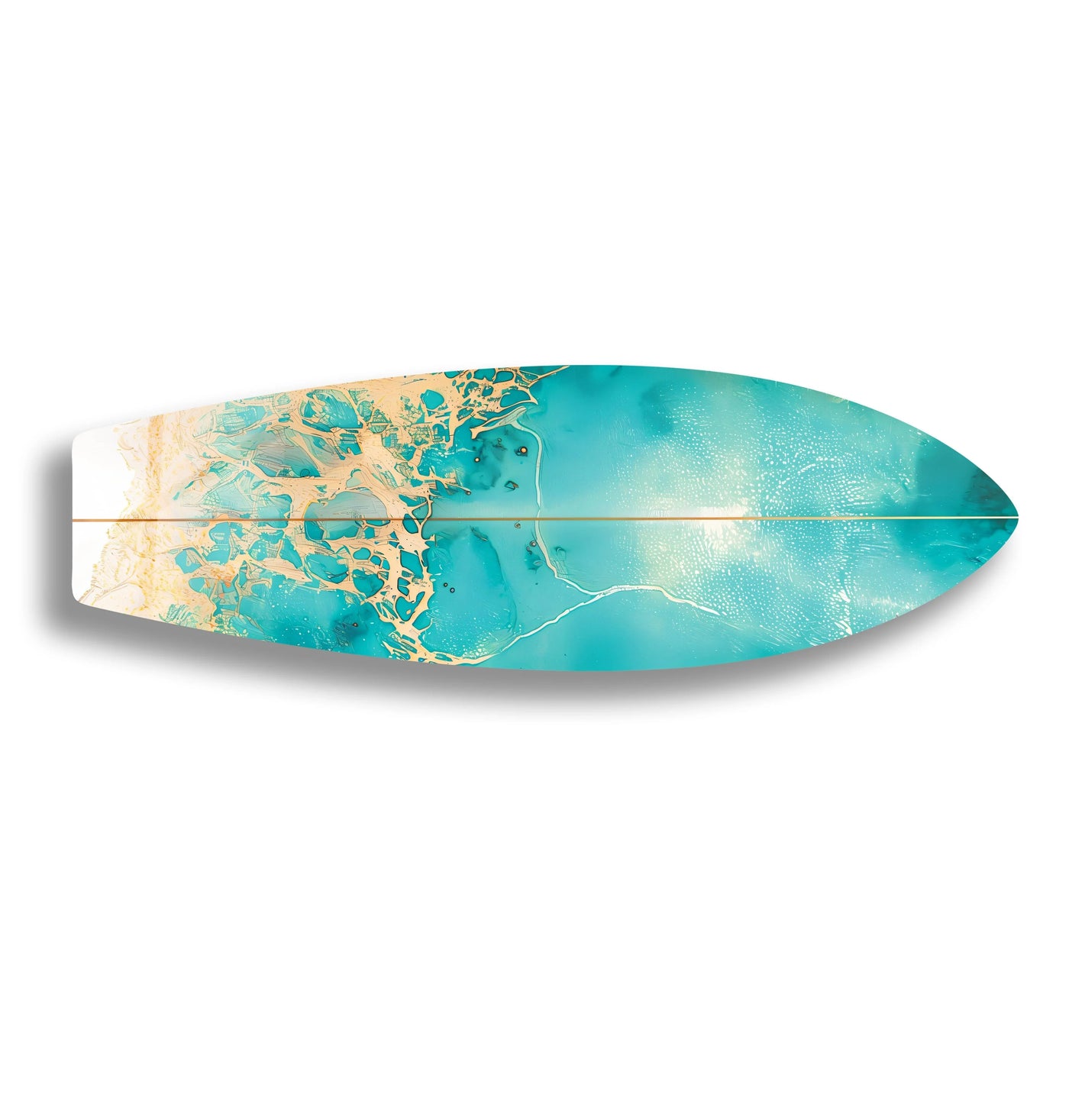 Color contrast highlights the blend of turquoise and gold hues in this abstract sea wave surfboard glass wall art decor, creating a visually striking piece.