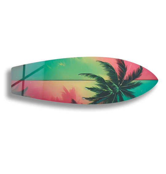 SurfBoard with green and red palm leaf art and tropical surf decorSurfBoard Wall ArtCollection Meta Description: SurfBoard with green and red palm leaf art and tropical surf decor Surfboard wall art and tropical print and palm tree prints on tempered glass