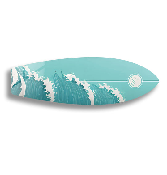 best glass art depicting the layered depth of turquoise ocean waves crashing on a surfboard.