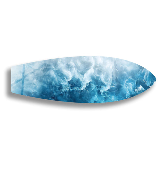 SurfBoard with abstract blue wave motif and tempered glass finish is Ocean Mist Surfboard Wall Art abstract blue wave decor