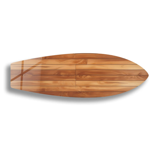 Horizontally oriented surfboard-shaped tempered glass wall art features a brown wood plank design.