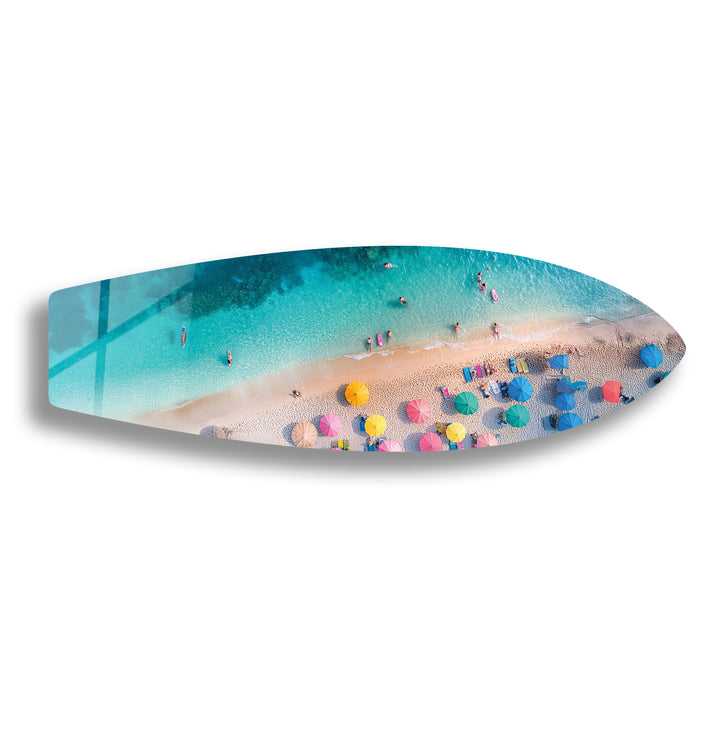 Blaues tropisches Strand-Surfbrett-Wandbild 