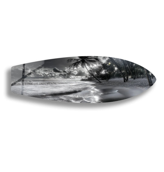 Surfboard wall art black and white tropics and beach scene decor is a stunning modern coastal decor piece crafted from tempered glass