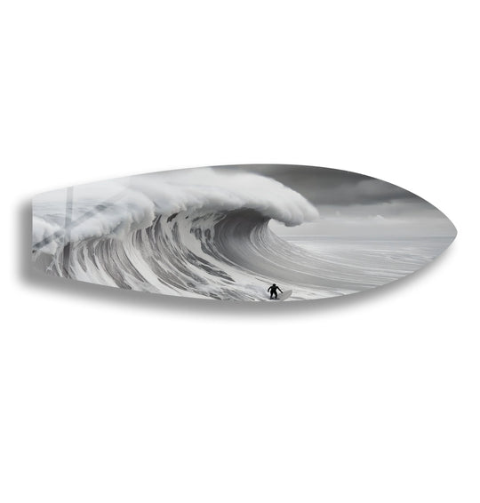 Surfboard wall art featuring a black and white ocean wave and surfer design and surfboard decor for modern adventure interiors