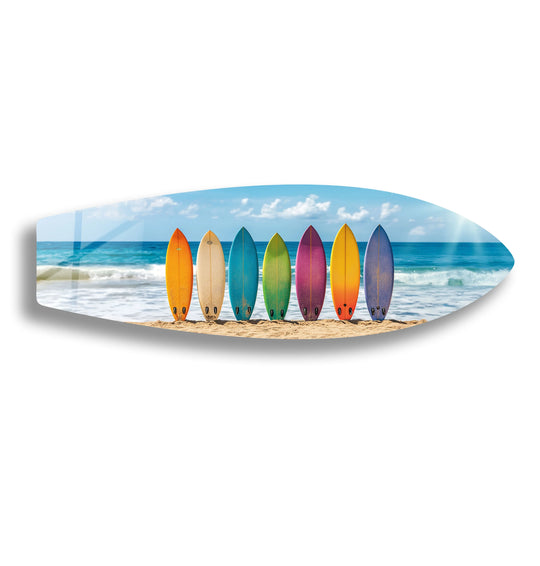 Surfboard colorful surfboards wall art vibrant coastal decor stands on golden sand beach background and bring summer vibes