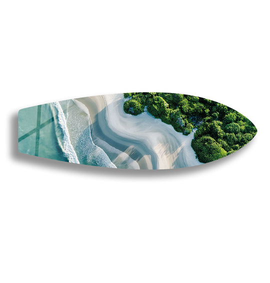 SurfBoard wall art glossy beachy tones and coastal bliss with aerial beach scene and tropical forest