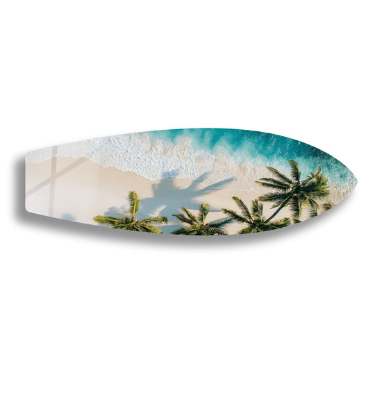 Surfboard wall art featuring palm trees and beach scene and tropical paradise decor for adding beach vibes to any room