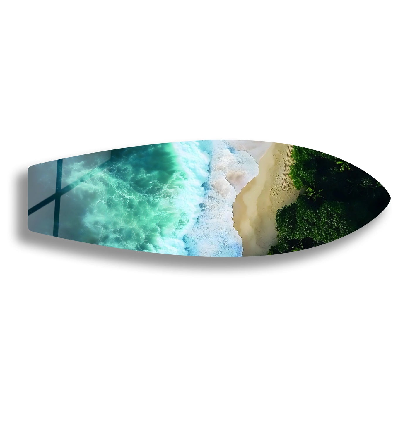 Foreground details highlight the mesmerizing blend of turquoise ocean waves meeting the sandy beach with lush palm trees, an exquisite home decoration showcased as glass wall art.