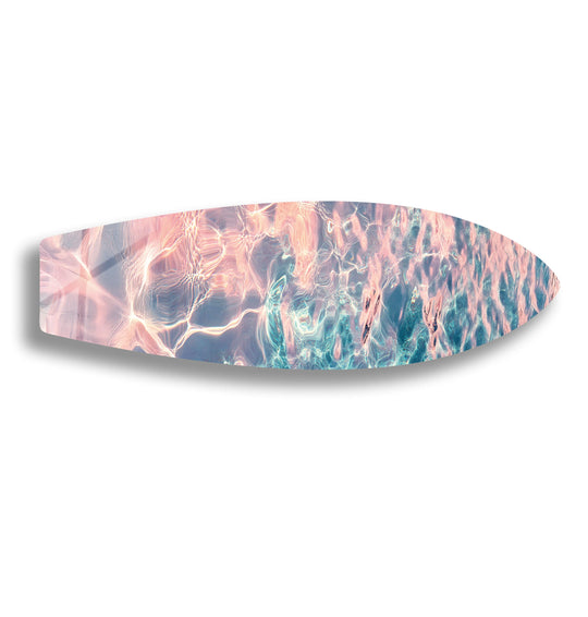 SurfBoard with water reflections pink and blue and high-gloss Sunset Reflections Surfboard Wall Art and elegant water glow decor