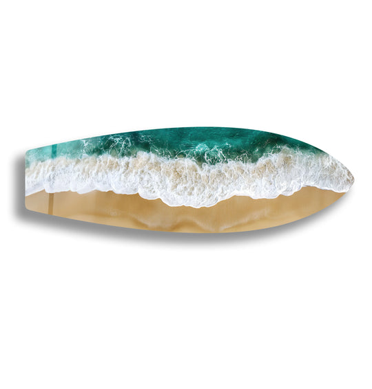 SurfBoard golden sand and turquoise water and Surfboard Wall Art featuring coastal beach decor and aerial view with tempered glass surfboard decor