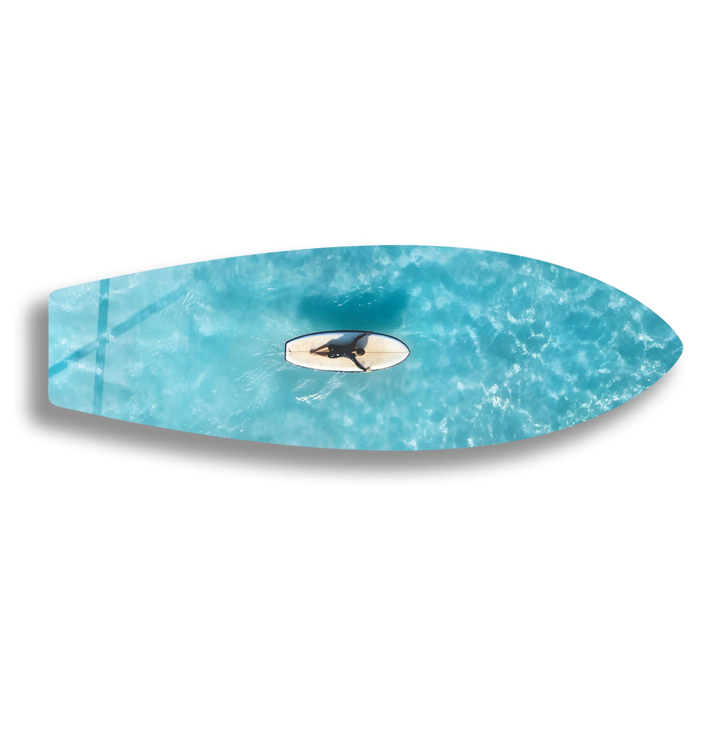 High color saturation enhances the vibrant turquoise hues of this aerial ocean scene, showcasing a tranquil surfer and board as glass art painting.