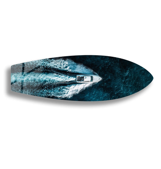 SurfBoard wall art glossy finish with luxury yacht aerial view and ocean theme pattern for sleek modern interiors