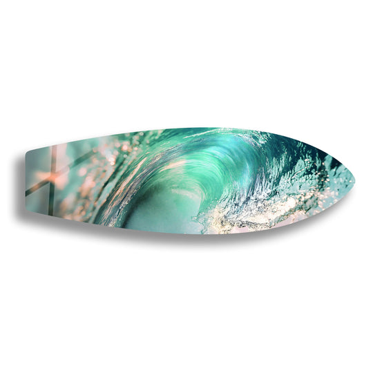 Vibrant color saturation highlights the energy within this stunning ocean-inspired glass wall artwork, showcasing the crystal wave in an eye-catching display.