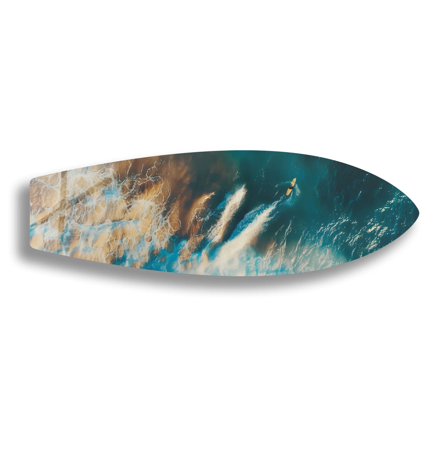 The stillness of a surfer suspended in time is beautifully captured in this aerial ocean view art from glass, showcasing the dynamic surge and frozen moment of a wave.