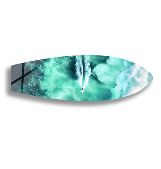Paddleboarder aerial ocean view glass wall art features crystal turquoise waters and a paddleboarder and is perfect for surfboard wall art and ocean art