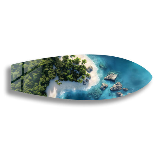 Surfboard wall art tropical paradise scene glossy decor and exotic beach detail with crystal clear water transforming your home