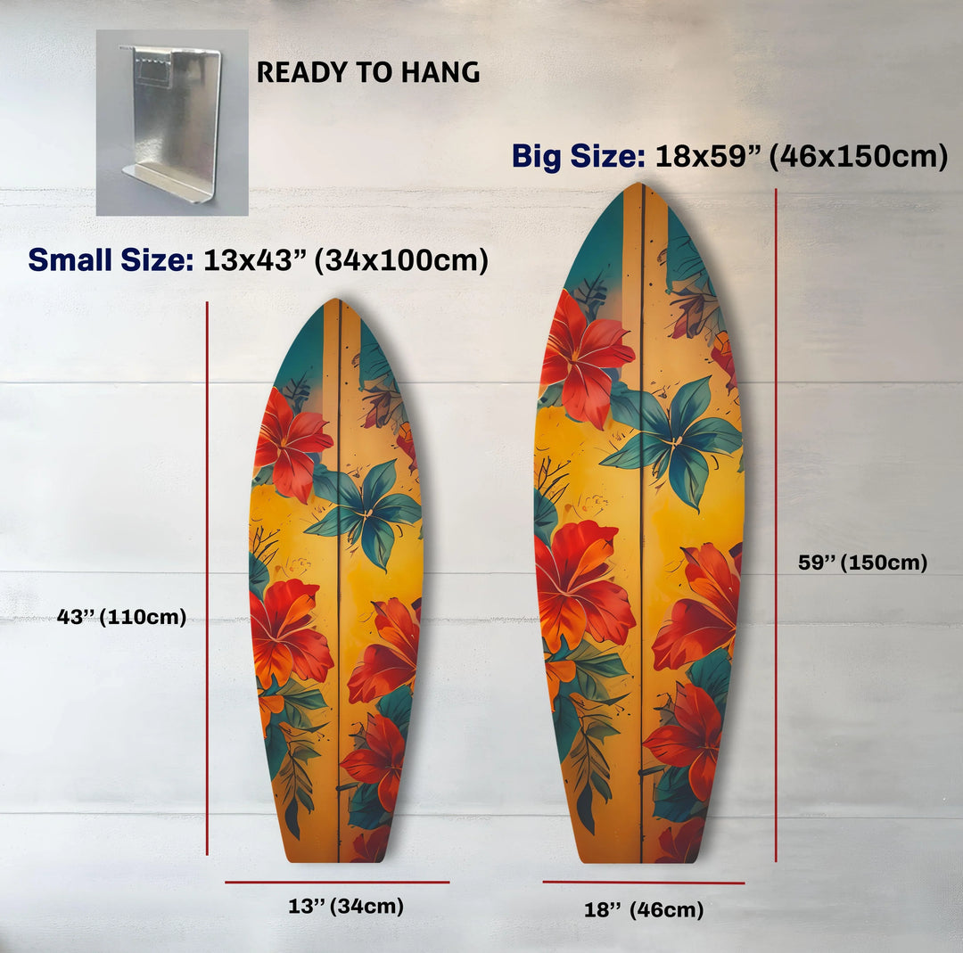 Set against a clean, white wood panel backdrop, a visual guide showcases two different sizes of vintage colorful flowers surfboard wall art that offers unique modern wall decor.
