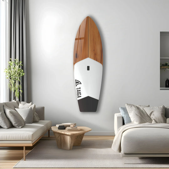 Showcasing the abstract quality of the Wood Design White Surfboard Wall Art, this unique piece resembles a sculptural glass wall artwork, blending form and function into an intriguing art display.