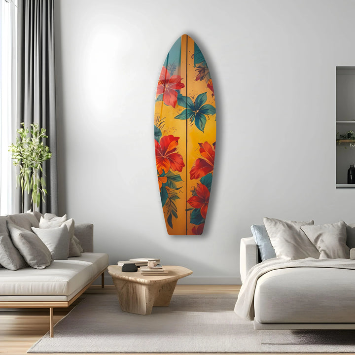 The colorful surfboard wall art, featuring vintage floral accents, is the focal point showcasing the intricate design achievable through detailed glass printing.