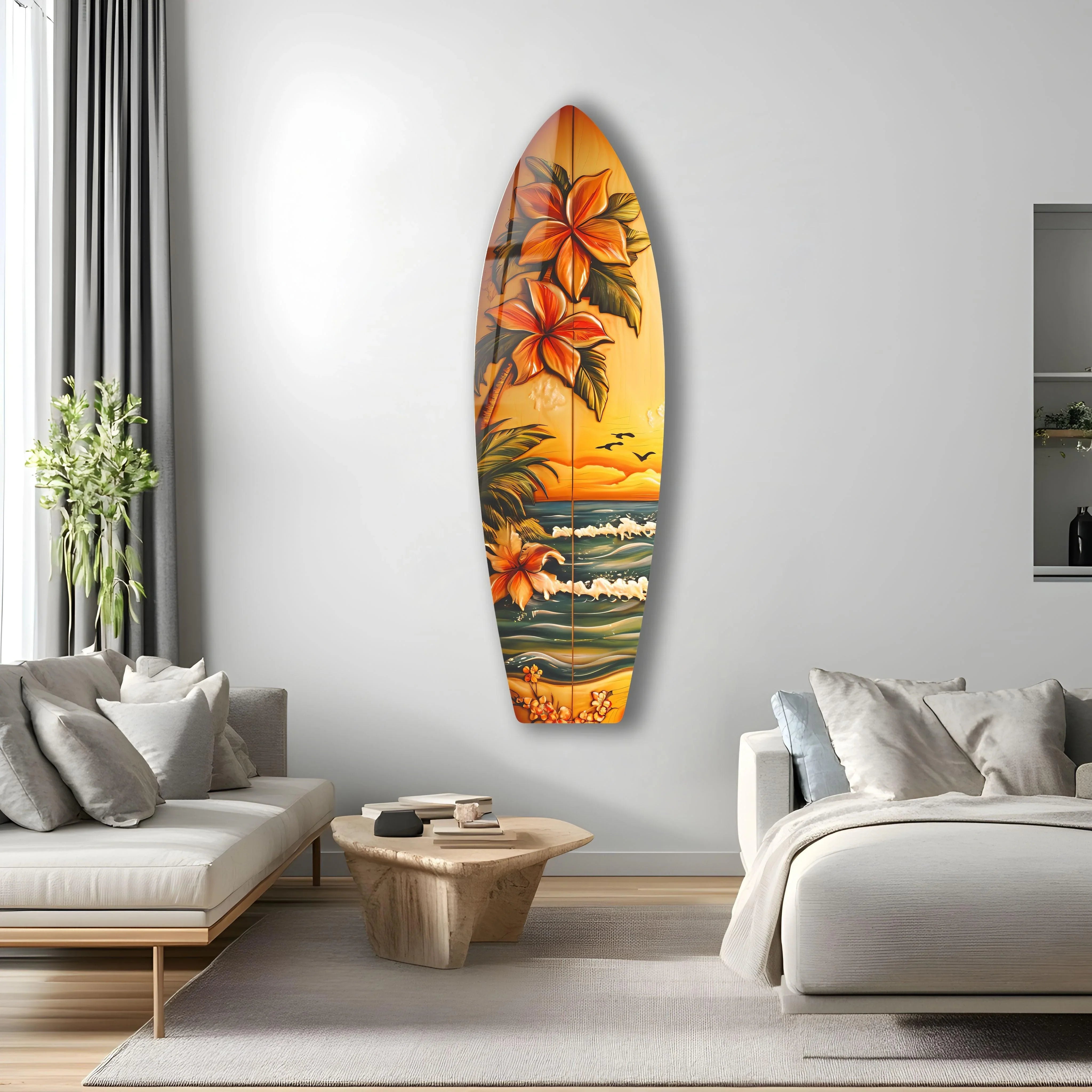 Tropical Sunset Floral Surfboard Wall Art | Stunning Coastal Home