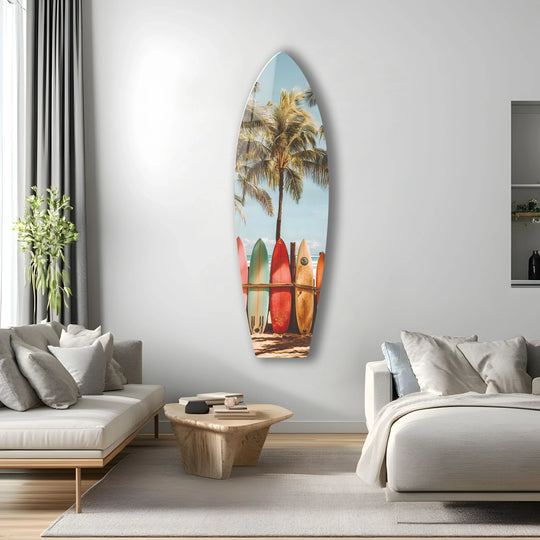 Surfboard glass wall art featuring surfboards and palm trees and coastal decor for modern beach homes and tropical inspired wall art