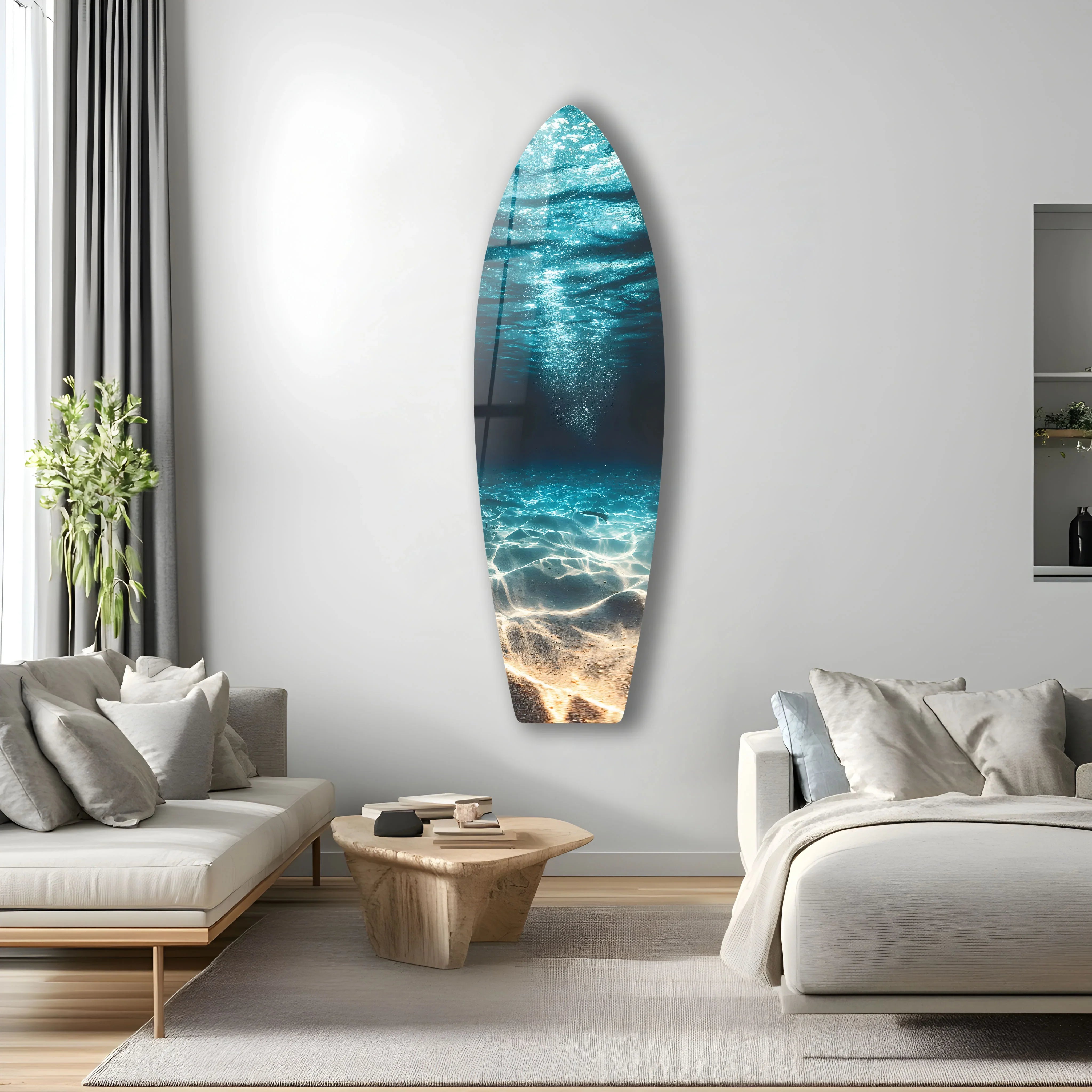 Underwater Ocean Surfboard Glass Wall Art | Marine Coastal Decor