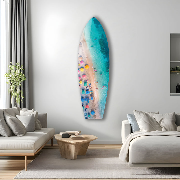 Blaues tropisches Strand-Surfbrett-Wandbild 