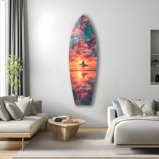SurfBoard showing surfer at sunset and vibrant ocean colors a Surfer at Sunset Glass Wall Art perfect for beach and surf decor coastal home decor