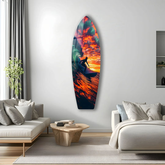 Vivid colors and clarity define this tempered glass wall art titled 'Sunset Surfing,' showcasing high-quality materials for a dynamic, sunset wave scene.